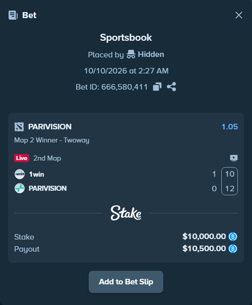 Bet slip: 1win - PARIVISION, $10,000.00 stake at 1.05 odds, placed by Hidden