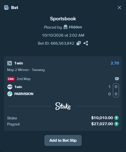 Bet slip: 1win - PARIVISION, $10,020.01 stake at 2.70 odds, placed by ne0tlozhka
