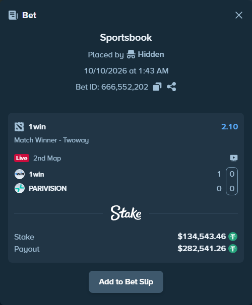 Bet slip: 1win - PARIVISION, $134,678.00 stake at 2.10 odds, placed by Mnt41