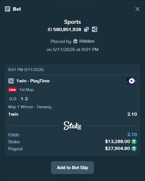Bet slip: 1win - PlayTime, $13,288.00 stake at 2.10 odds, placed by Hidden