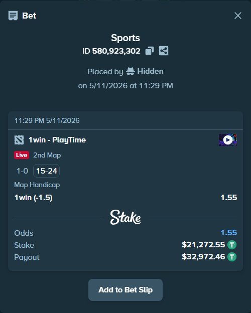 Bet slip: 1win - PlayTime, $21,272.55 stake at 1.55 odds, placed by Hidden