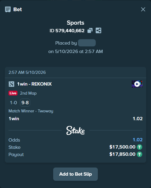 Bet slip: 1win - REKONIX, $17,500.00 stake at 1.02 odds, placed by PerryLBH