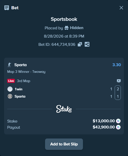 Bet slip: 1win - Sparta, $12,918.74 stake at 3.30 odds, placed by Hidden
