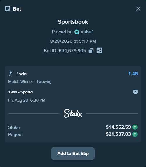 Bet slip: 1win - Sparta, $14,551.13 stake at 1.48 odds, placed by mi6a1