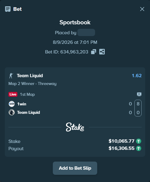 Bet slip: 1win - Team Liquid, $10,075.84 stake at 1.62 odds, placed by narektinsea8