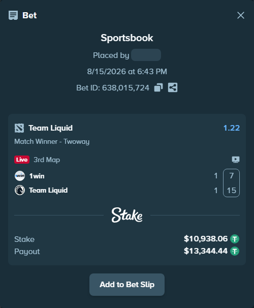 Bet slip: 1win - Team Liquid, $10,949.00 stake at 1.22 odds, placed by Hanselwilliam1