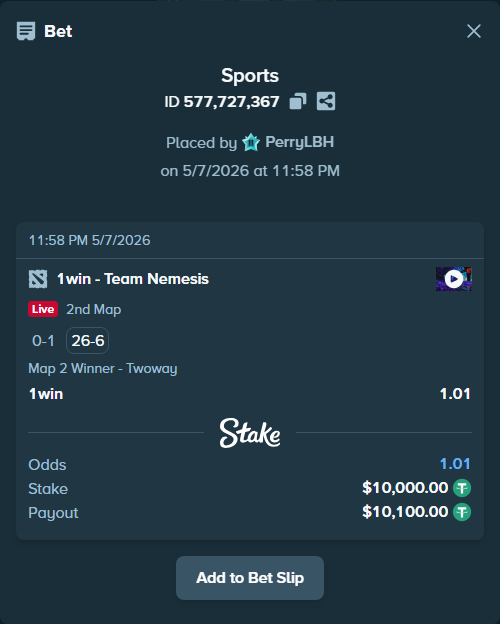 Bet slip: 1win - Team Nemesis, $10,000.00 stake at 1.01 odds, placed by PerryLBH
