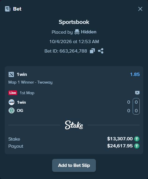 Bet slip: 1win - Team OG, $13,307.00 stake at 1.85 odds, placed by Feedone1488