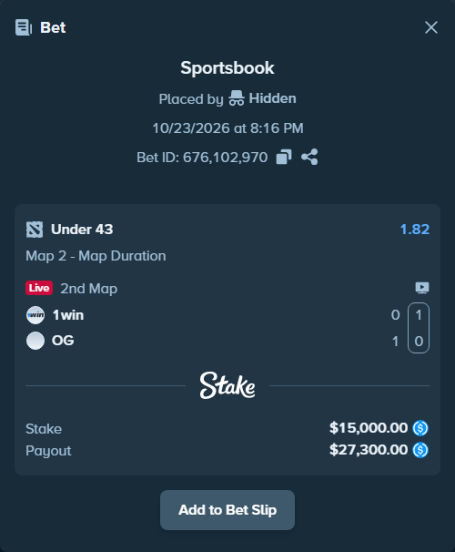 Bet slip: 1win - Team OG, $15,000.00 stake at 1.82 odds, placed by Hidden