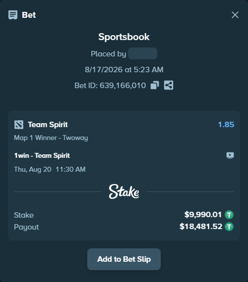 Bet slip: 1win - Team Spirit, $10,000.00 stake at 1.85 odds, placed by Hanselwilliam1