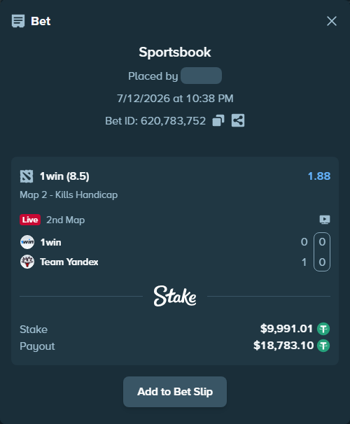 Bet slip: 1win - Team Yandex, $10,001.00 stake at 1.88 odds, placed by zhanjinkun