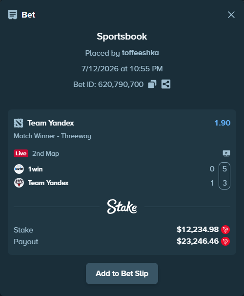 Bet slip: 1win - Team Yandex, $12,055.30 stake at 1.90 odds, placed by toffeeshka
