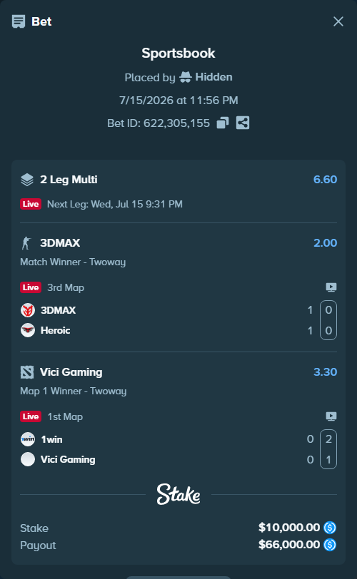 Bet slip: 1win - Vici Gaming, $10,000.00 stake at 3.30 odds, placed by Hidden
