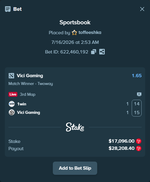 Bet slip: 1win - Vici Gaming, $17,225.10 stake at 1.65 odds, placed by toffeeshka