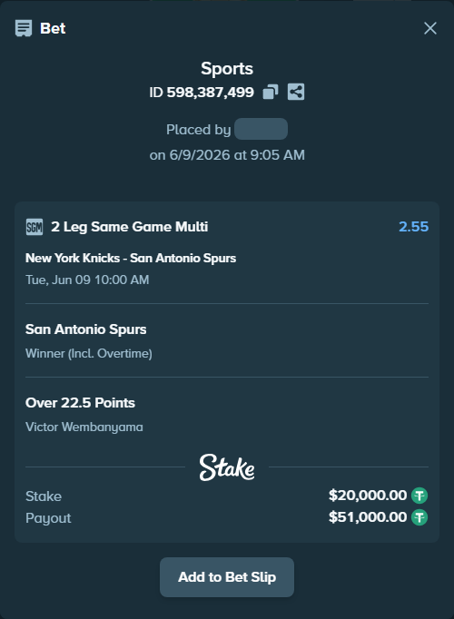 Bet slip: , $20,000.00 stake at 1.27 odds, placed by Neelimah960