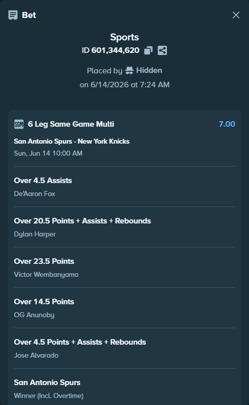Bet slip: , $20,000.00 stake at 1.17 odds, placed by Hidden