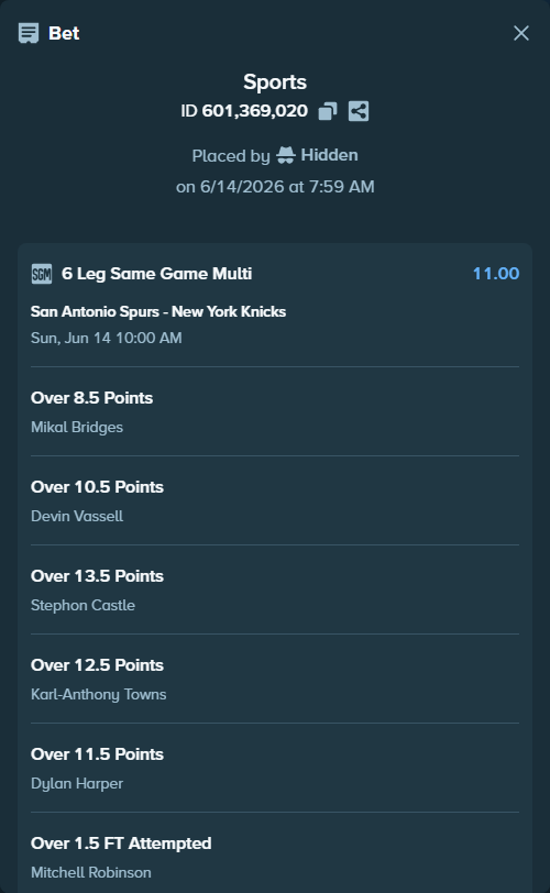 Bet slip: , $20,000.00 stake at 1.83 odds, placed by Hidden