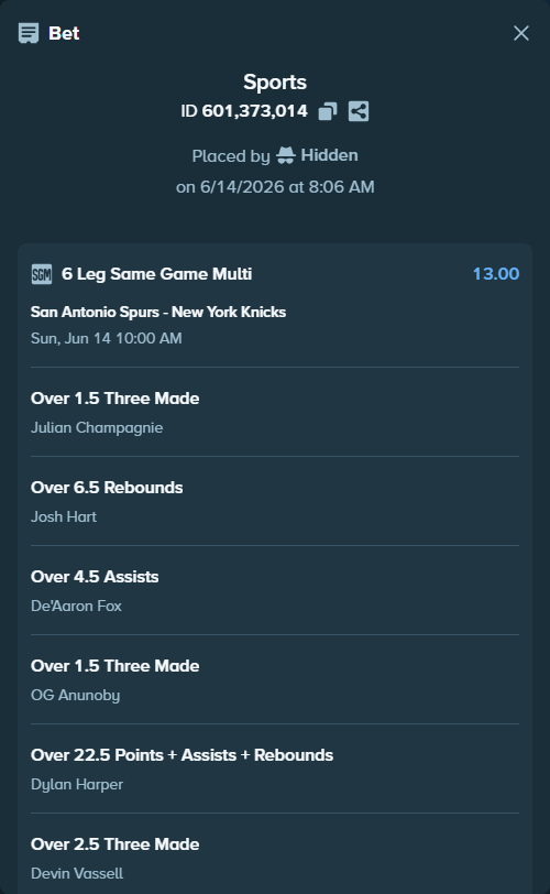 Bet slip: , $20,000.00 stake at 2.17 odds, placed by Hidden