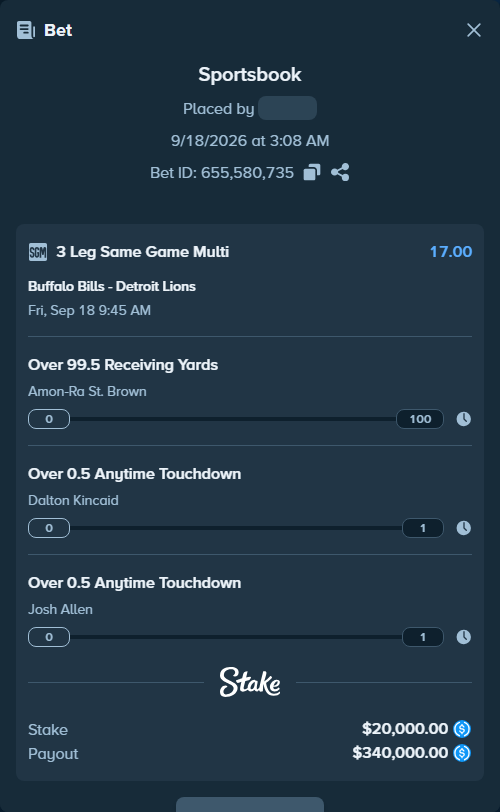 Bet slip: , $20,000.00 stake at 5.67 odds, placed by Cabrzy