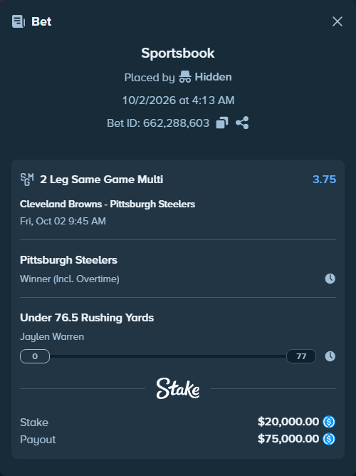 Bet slip: , $20,000.00 stake at 1.88 odds, placed by Marvin123421
