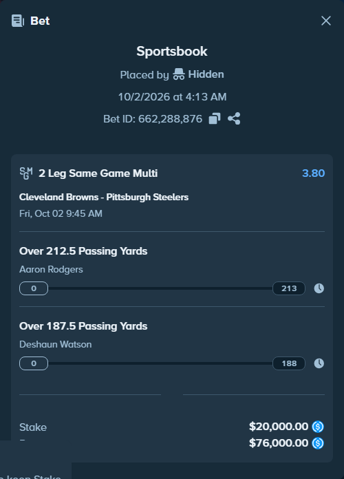 Bet slip: , $20,000.00 stake at 1.90 odds, placed by Marvin123421