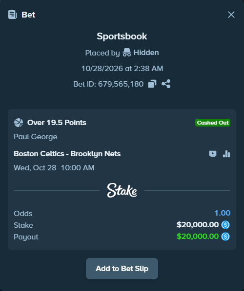 Bet slip: , $20,000.00 stake at 1.86 odds, placed by Hidden