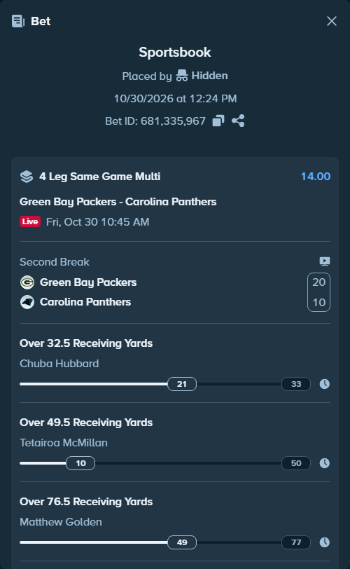 Bet slip: , $20,000.00 stake at 3.50 odds, placed by Hidden