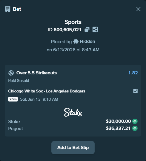 Bet slip: , $20,020.00 stake at 1.82 odds, placed by Hidden