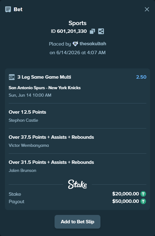 Bet slip: , $20,020.00 stake at 0.83 odds, placed by thesakultah