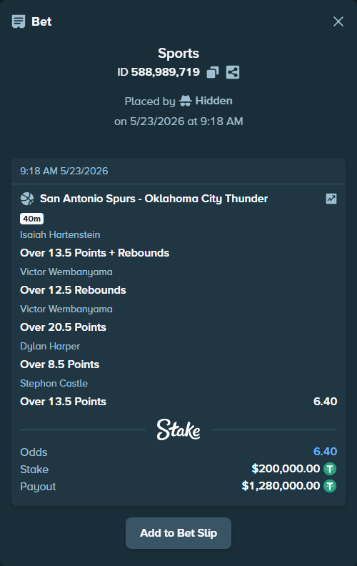 Bet slip: , $200,200.00 stake at 1.28 odds, placed by Hidden