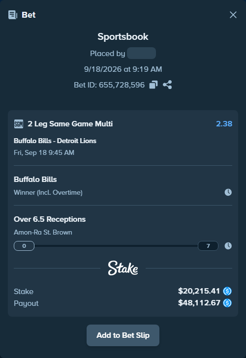 Bet slip: , $20,215.41 stake at 1.19 odds, placed by Bigfoltz