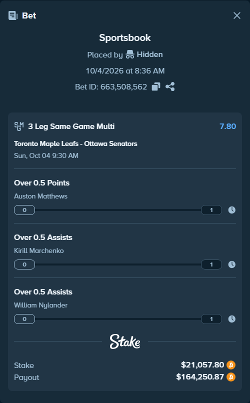 Bet slip: , $21,076.50 stake at 2.60 odds, placed by XposedTwirch