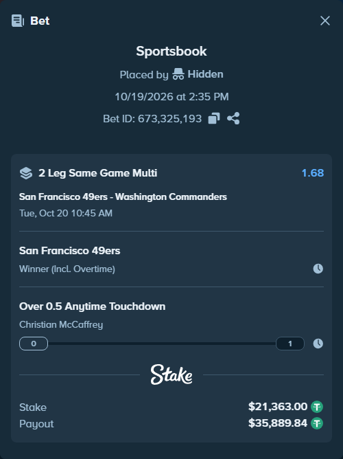 Bet slip: , $21,384.37 stake at 0.84 odds, placed by Bigfoltz