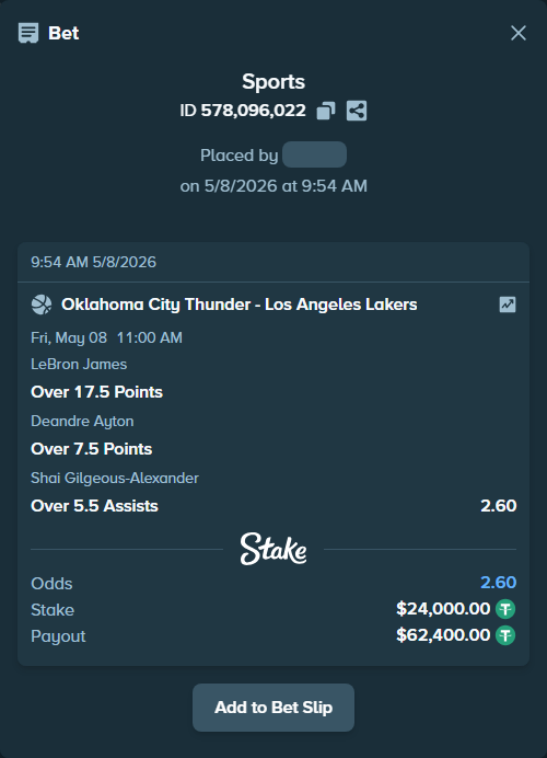 Bet slip: , $24,000.00 stake at 0.87 odds, placed by Agusbob