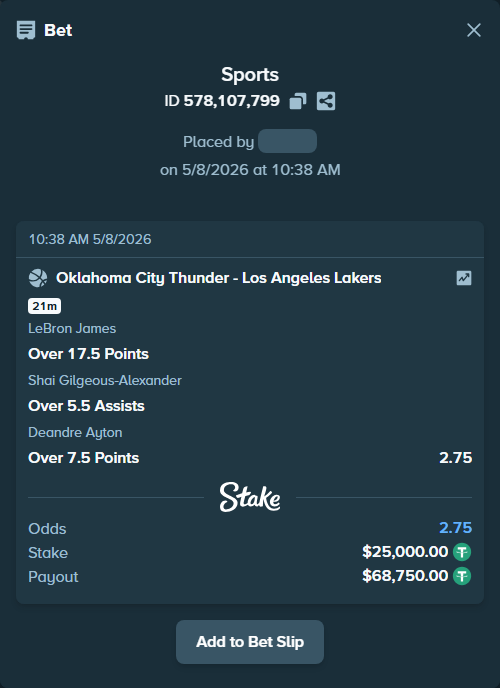 Bet slip: , $25,000.00 stake at 0.92 odds, placed by Agusbob