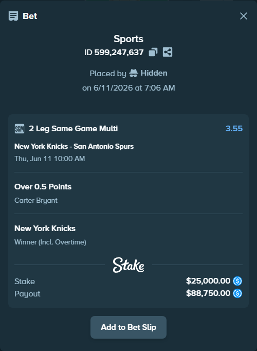 Bet slip: , $25,000.00 stake at 1.77 odds, placed by Hidden