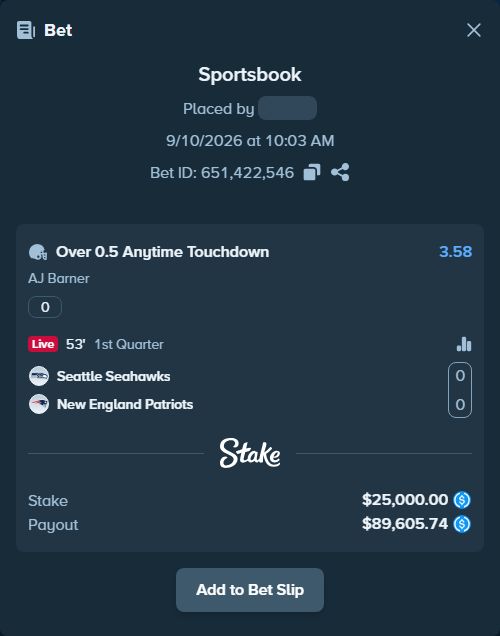 Bet slip: , $25,000.00 stake at 3.58 odds, placed by Cabrzy