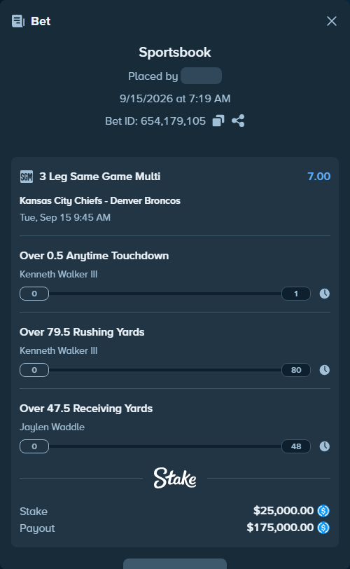 Bet slip: , $25,000.00 stake at 2.33 odds, placed by Cabrzy