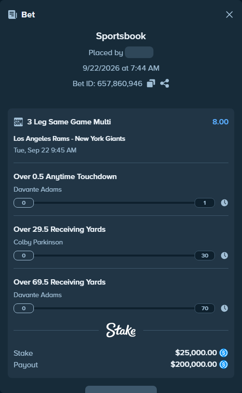 Bet slip: , $25,000.00 stake at 2.67 odds, placed by Cabrzy