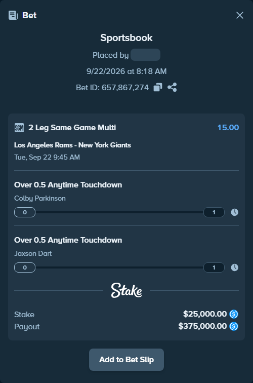 Bet slip: , $25,000.00 stake at 7.50 odds, placed by Cabrzy