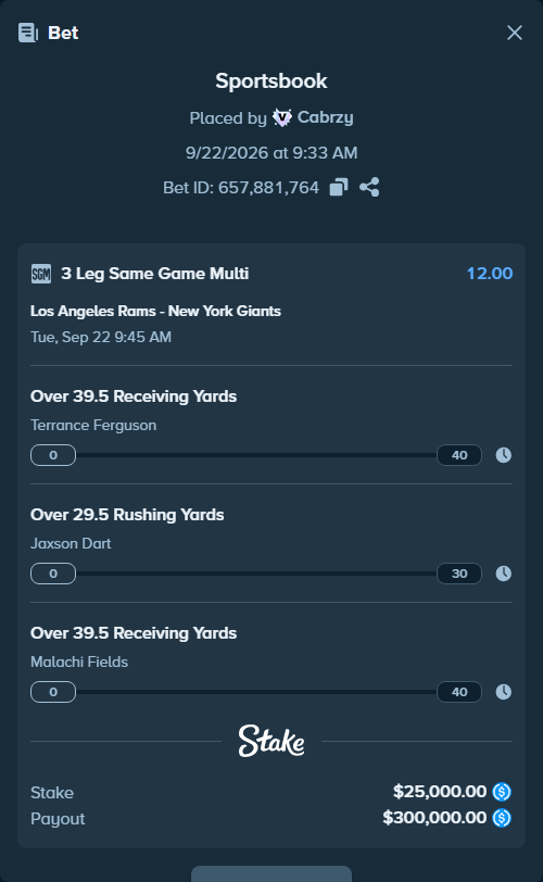Bet slip: , $25,000.00 stake at 4.00 odds, placed by Cabrzy