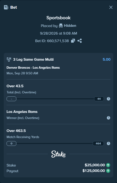 Bet slip: , $25,000.00 stake at 1.67 odds, placed by Marvin123421