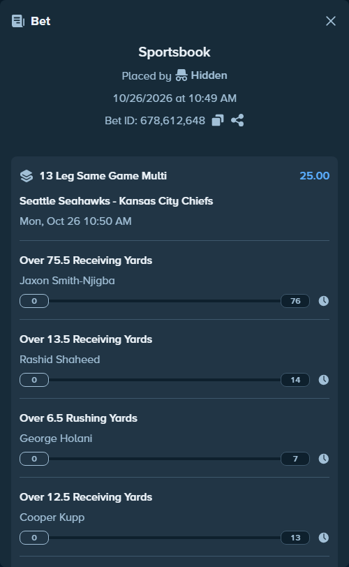 Bet slip: , $25,000.00 stake at 1.92 odds, placed by Hidden