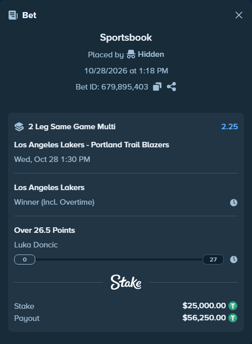 Bet slip: , $25,025.00 stake at 1.13 odds, placed by Hidden