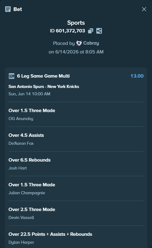 Bet slip: , $24,976.12 stake at 2.17 odds, placed by Cabrzy