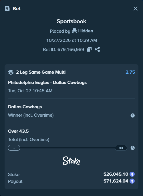Bet slip: , $25,834.83 stake at 1.38 odds, placed by SyztmzTV