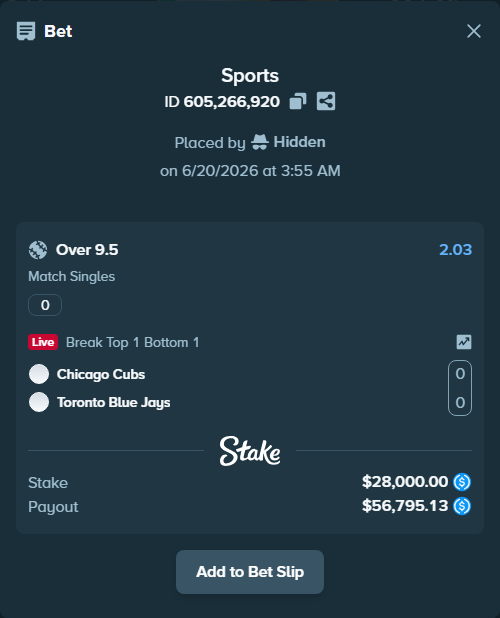 Bet slip: , $28,000.00 stake at 2.03 odds, placed by Hidden