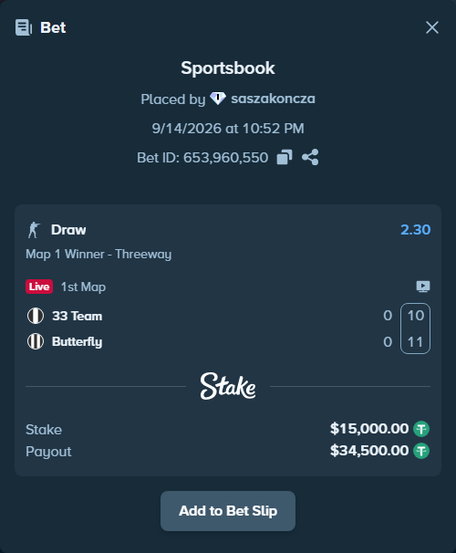 Bet slip: 33 Team - Butterfly, $15,000.00 stake at 2.30 odds, placed by saszakoncza