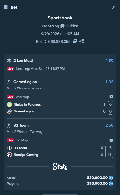 Bet slip: 33 Team - Nemiga Gaming, $20,000.00 stake at 2.50 odds, placed by Hidden