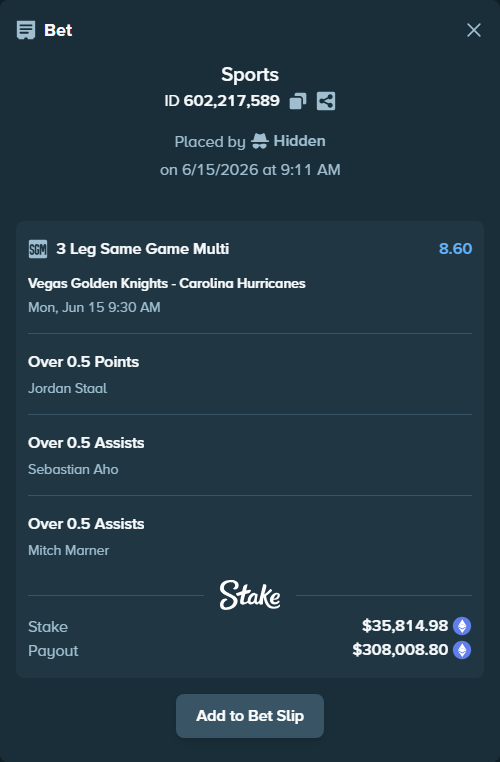 Bet slip: , $36,063.75 stake at 2.87 odds, placed by Hidden